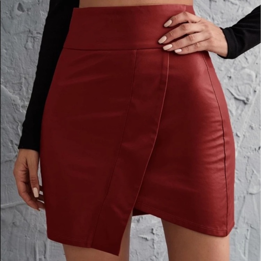 Red Asymmetrical Wide Waist Vegan Leather Bodycon Skirt - Picture 6 of 12